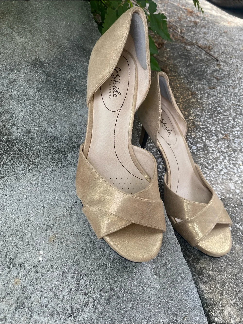 Lifestride Champagne Gold Metallic Peep-Toe Cross-Strap Heels